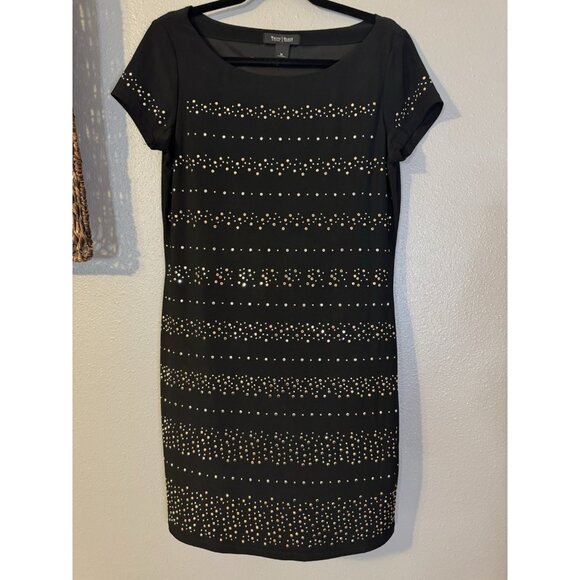 WHBM Dress M Stretch Black Gold Silver Studded Short Sleeve Washable - Picture 7 of 10